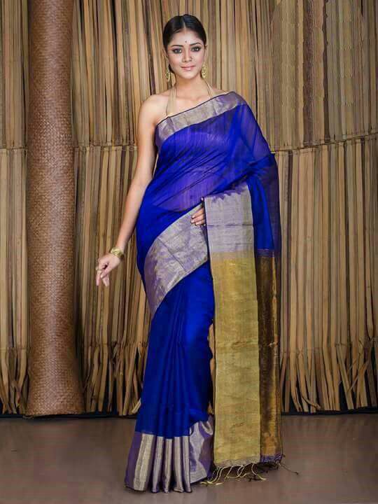 Handloom Maheshwari Silk Cotton Saree in Sky Blue | Shop Online