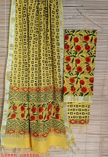 Handblock Print Cotton Suits with Linen Duppata