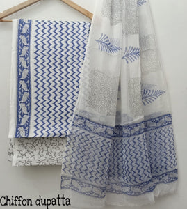 Beautiful Hand Block Print Cotton Suits with Chiffon Dupatta