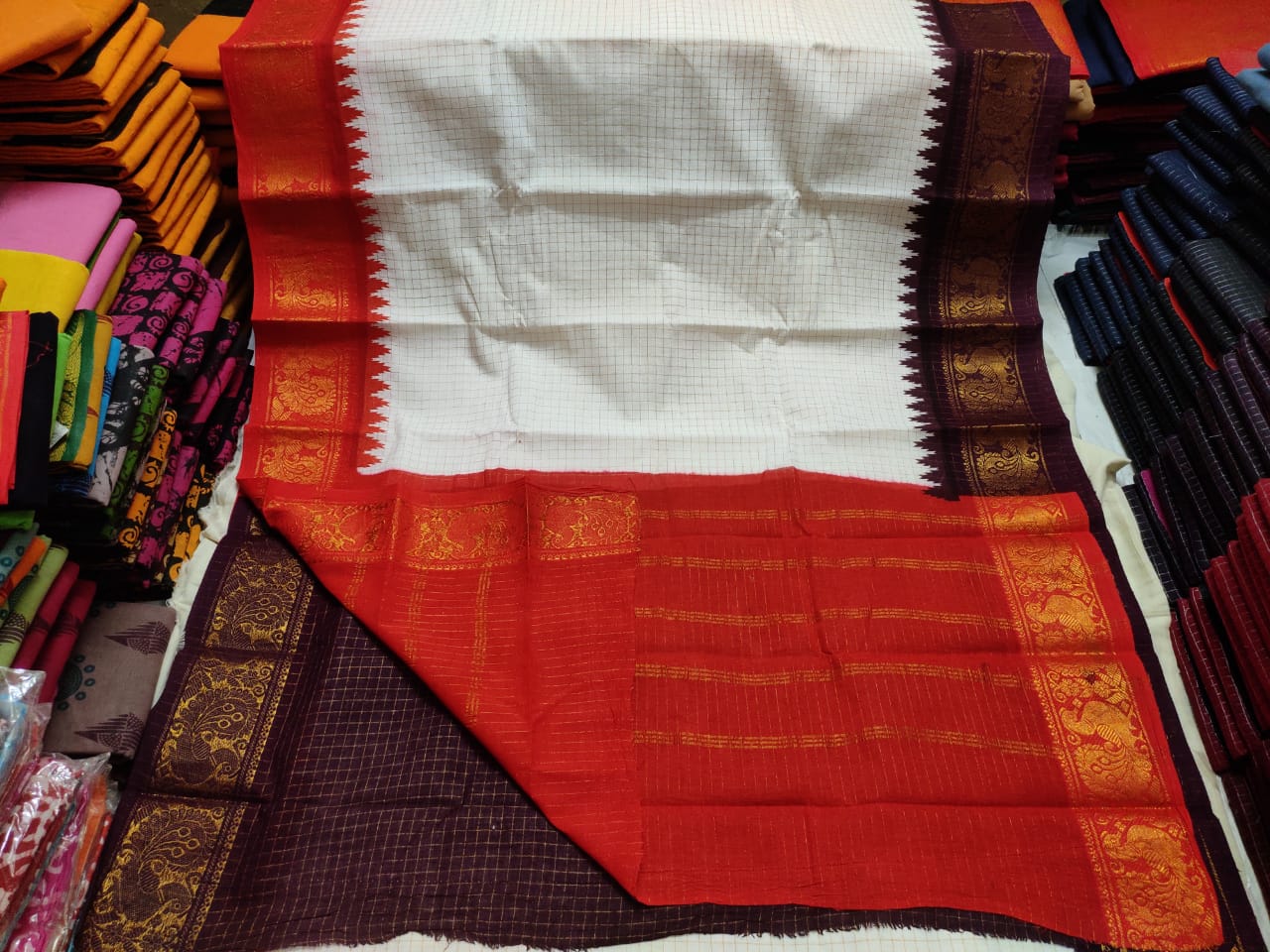 Sungudi Saree - Orange with blue Ikat border - Ancient Madurai