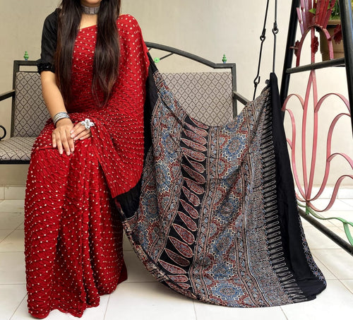 Beautiful Ajrakh  Bandhani Modal Silk Sarees