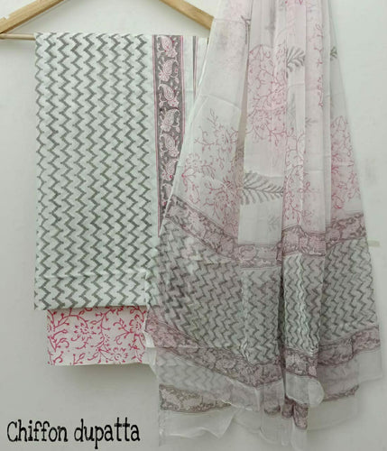 Beautiful Hand Block Print Cotton Suits with Chiffon Dupatta