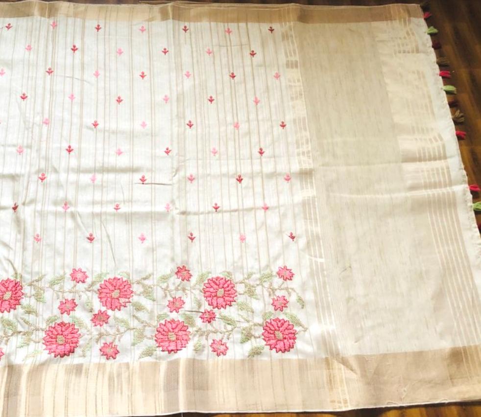 Beautiful Embroidered Semi Tusser Saree