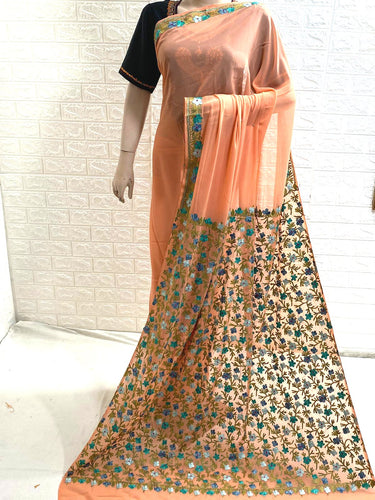 Aari Work Hand Embroidered  Gorgette Kashmiri Saree